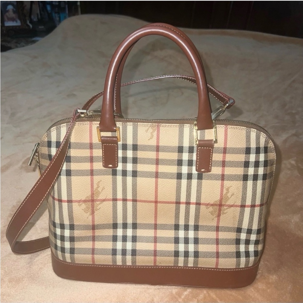 Classic Plaid Satchel Handbag in Beige and Brown - Picture 11 of 13